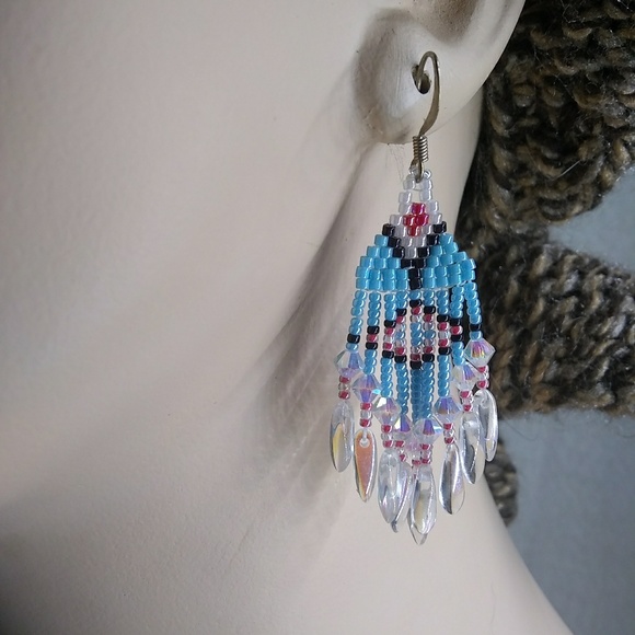 🔥SOLD🔥 at Comanche Pow Wow Handmade Swarovski Turquoise Pink Earrings - Picture 6 of 7